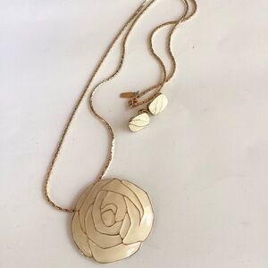 Monet Necklace Earring Set Vintage Gold Cream Statement Rose Pendant